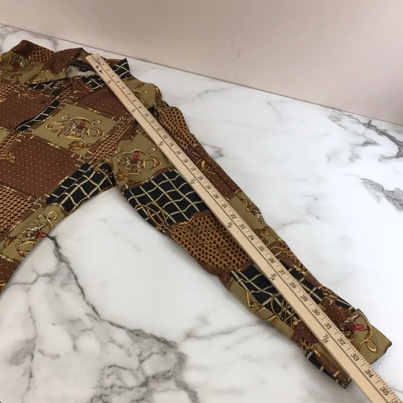 British Khaki Shirt Womens 10 Tan Brown Patchwork‎ Print Button Up Equestrian - Picture 12 of 13